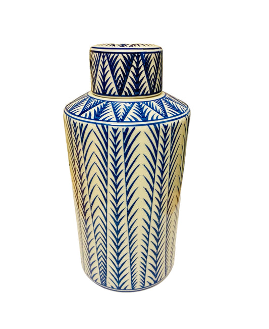 Blue and White Ceramic Decorative Jar with Lid - Medium