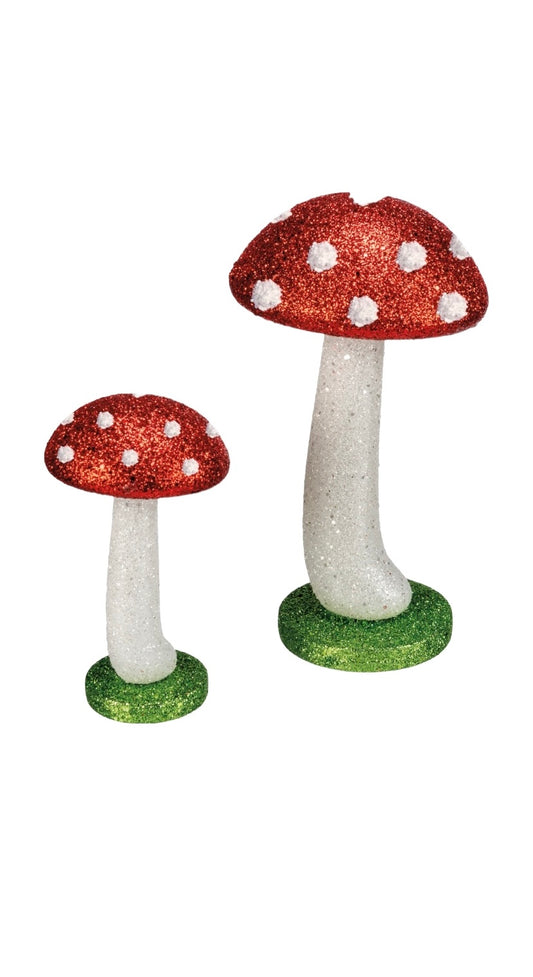 Red & White Glitter Mushroom Figurines - Set of 2