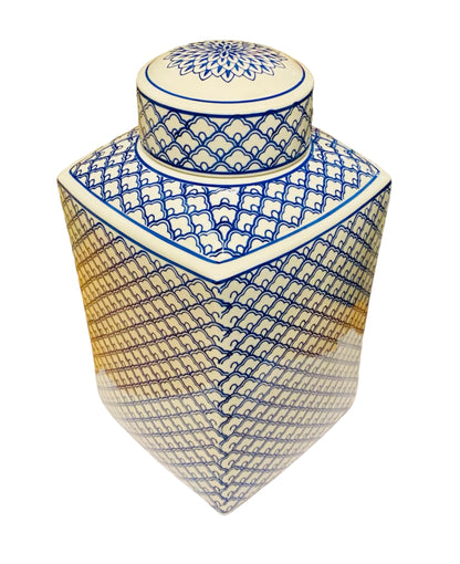 Blue and White Square Ceramic Decorative Jar with Lid