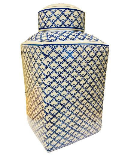 Blue and White Square Ceramic Decorative Jar with Lid