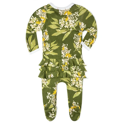 MilkBarn Green Floral Bamboo Ruffle Zipper Footed Romper