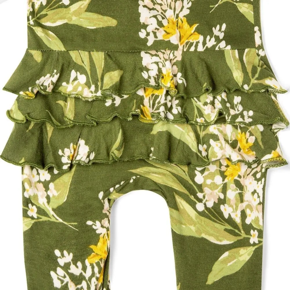 MilkBarn Green Floral Bamboo Ruffle Zipper Footed Romper