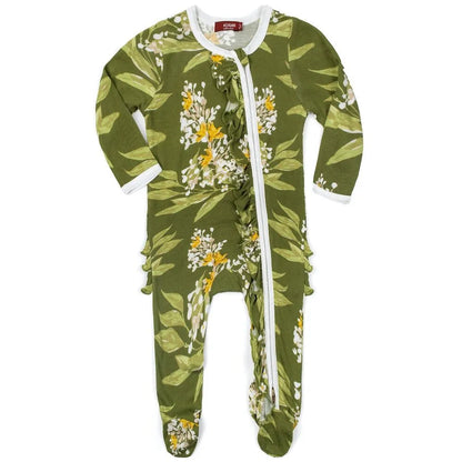 MilkBarn Green Floral Bamboo Ruffle Zipper Footed Romper