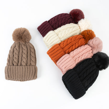 Sierra Cable Knit Pom Lined Beanie Hat - Black, Tan, Cream, Pink