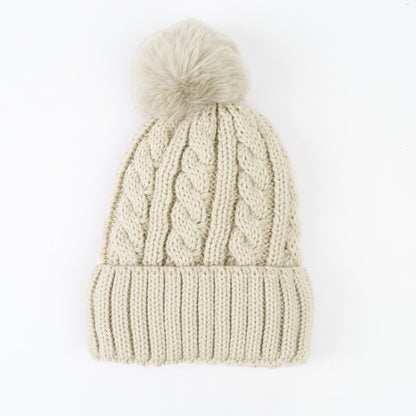 Sierra Cable Knit Pom Lined Beanie Hat - Black, Tan, Cream, Pink