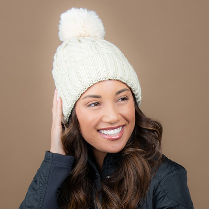 Sierra Cable Knit Pom Lined Beanie Hat - Black, Tan, Cream, Pink