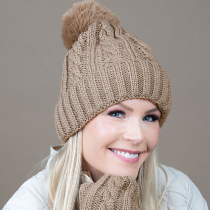 Sierra Cable Knit Pom Lined Beanie Hat - Black, Tan, Cream, Pink