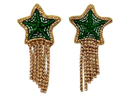 Green & Gold Star Rhinestone Dangle Embellished Earrings