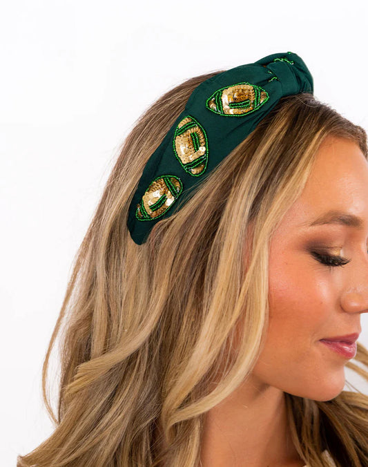 Embellished Green with Sequin Gold Footballs Knotted Headband