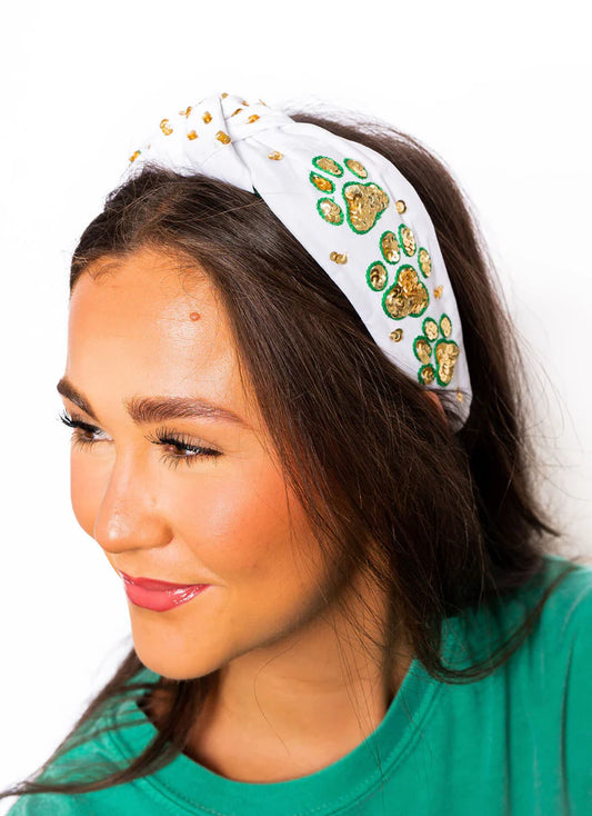 Embellished Green with Sequin Gold Paws Knotted Headband