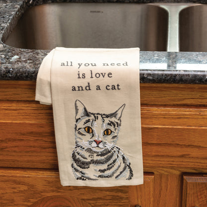 Love And A Cat Embroidered Kitchen Towel