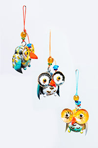 Moksha India Imports Painted Metal Owl & Blown Art Glass Hanging Yard Art Ornament