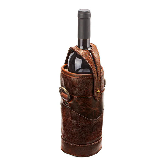 Mission Mercantile Leather Goods Campaign Leather Wine Bottle Tote Carrier & Strap - Wiskey