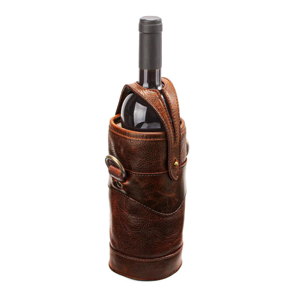 Mission Mercantile Leather Goods Campaign Leather Wine Bottle Tote Carrier & Strap - Wiskey