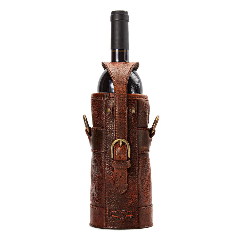 Mission Mercantile Leather Goods Campaign Leather Wine Bottle Tote Carrier & Strap - Wiskey