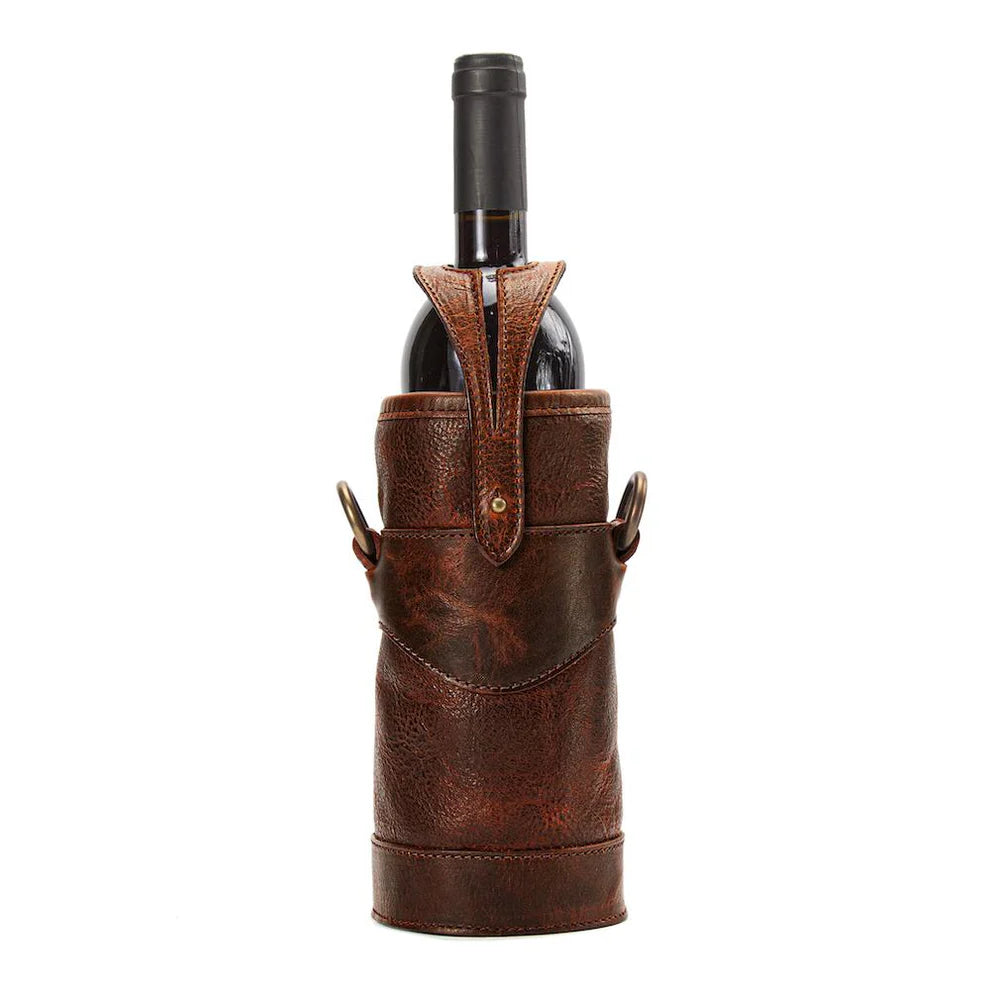 Mission Mercantile Leather Goods Campaign Leather Wine Bottle Tote Carrier & Strap - Wiskey