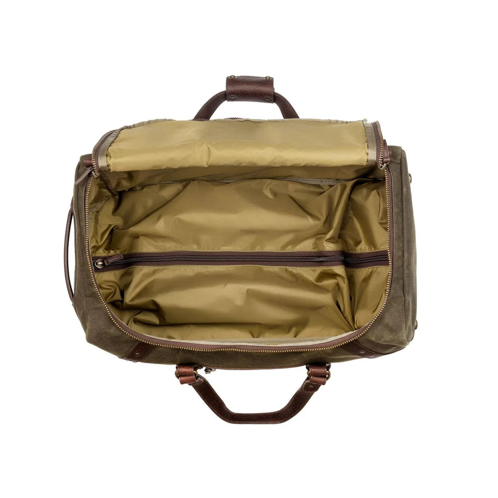 Mission Mercantile Leather Goods Campaign Waxed Canvas Rolling Carry-On Duffle Bag - Smoke Forest Green