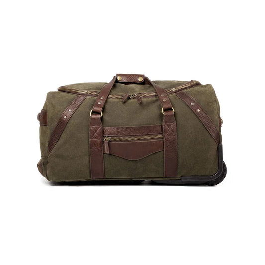 Mission Mercantile Leather Goods Campaign Waxed Canvas Rolling Carry-On Duffle Bag - Smoke Forest Green