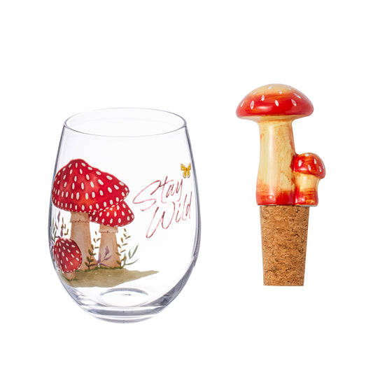 Mushrooms Stay Wild Stemless Glass and Ceramic Wine Stopper,