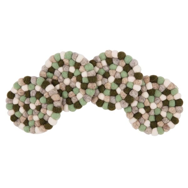 Wool Felted Pom Pom Coasters - Set of 4 Green