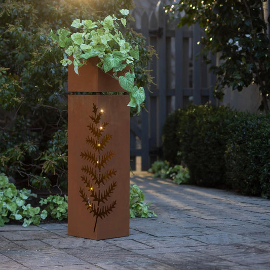 Tall Metal Planter With Fern Cutout and LED Lights