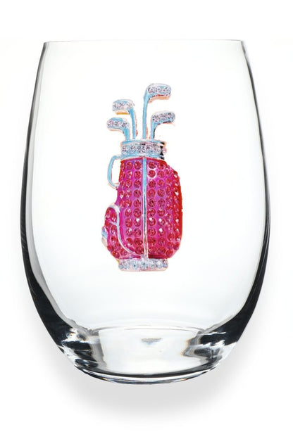 Pink Golf Bag with Clubs Stemless Jeweled Wine Glass