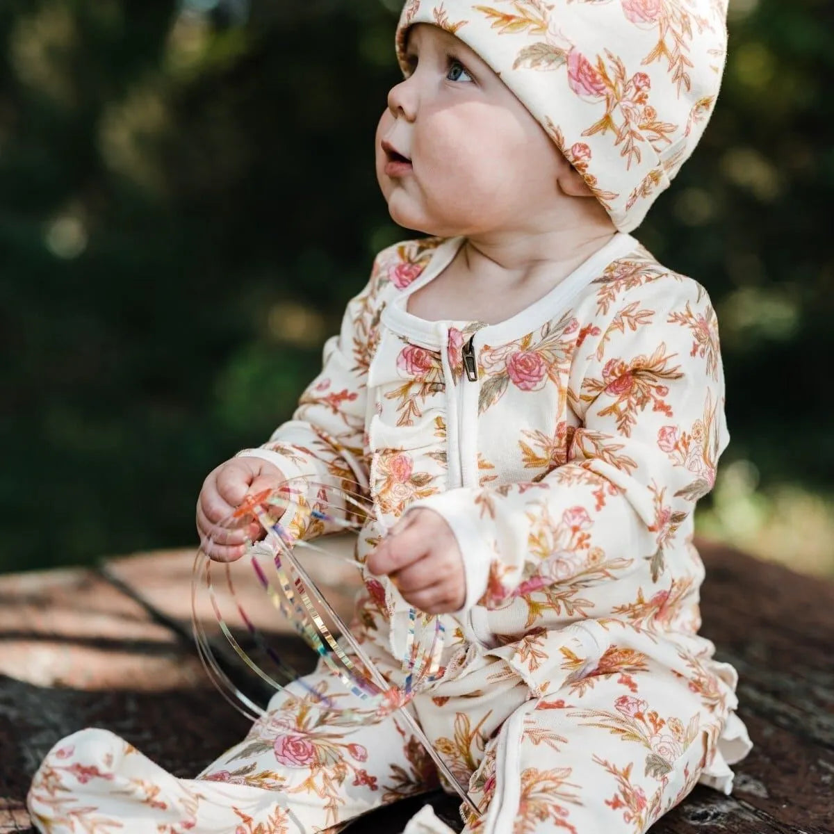 MilkBarn Vintage Floral Organic Cotton Ruffle Zipper Footed Romper