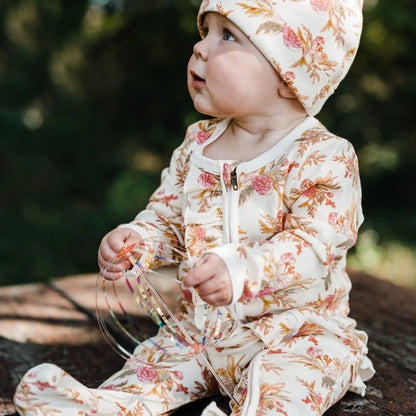 MilkBarn Vintage Floral Organic Cotton Ruffle Zipper Footed Romper