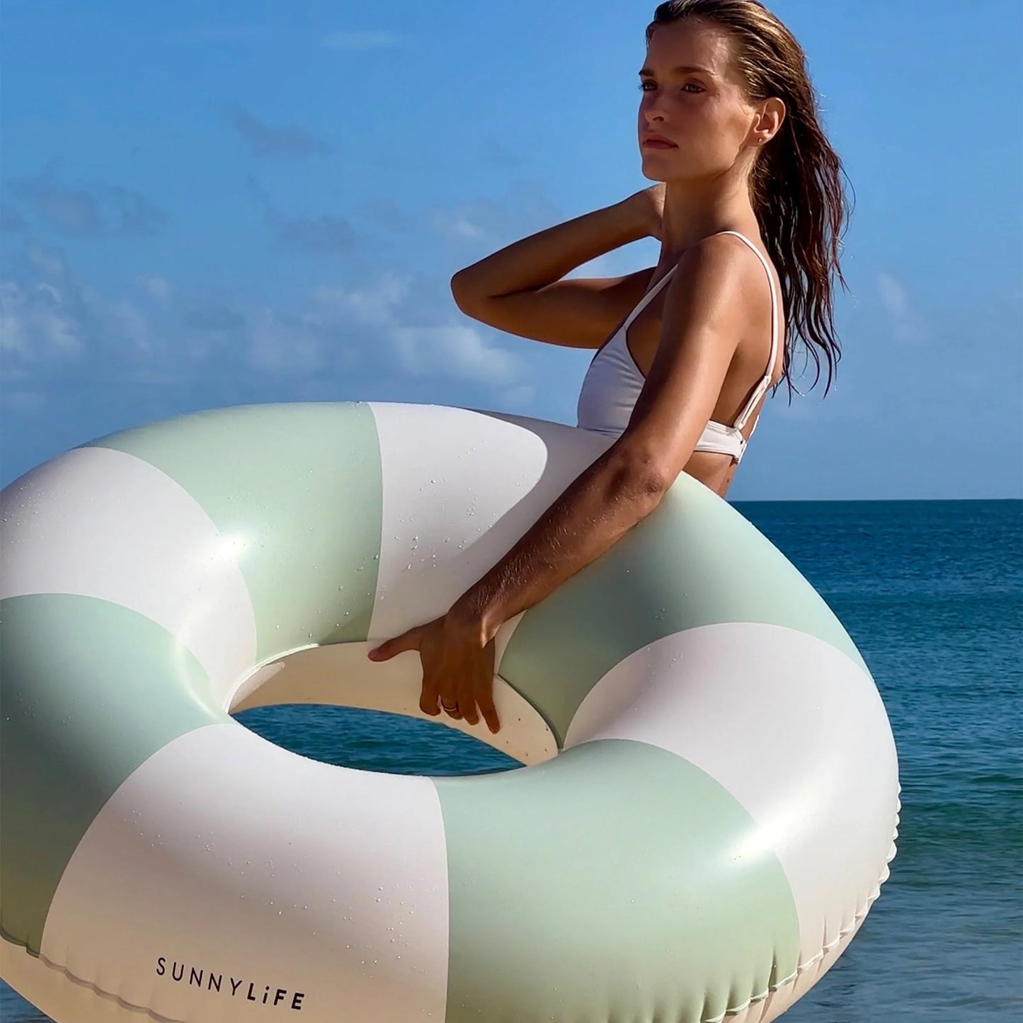 Tube Pool Ring: The Vacay in Soft Olive Stripe