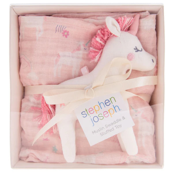 Pink Unicorn Muslin Blanket & Stuffed Animal Set
