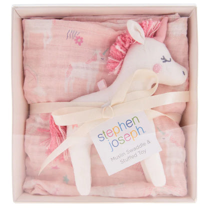 Pink Unicorn Muslin Blanket & Stuffed Animal Set