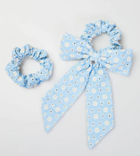 Ellie Eyelet Blue Bow Scrunchie Pair