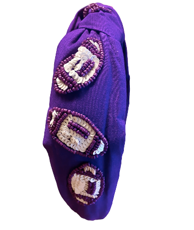 Embellished Purple with Sequin White Footballs Knotted Headband