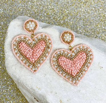 Rhinestone & Pearl Beaded Heart Dangle Earrings - Pink