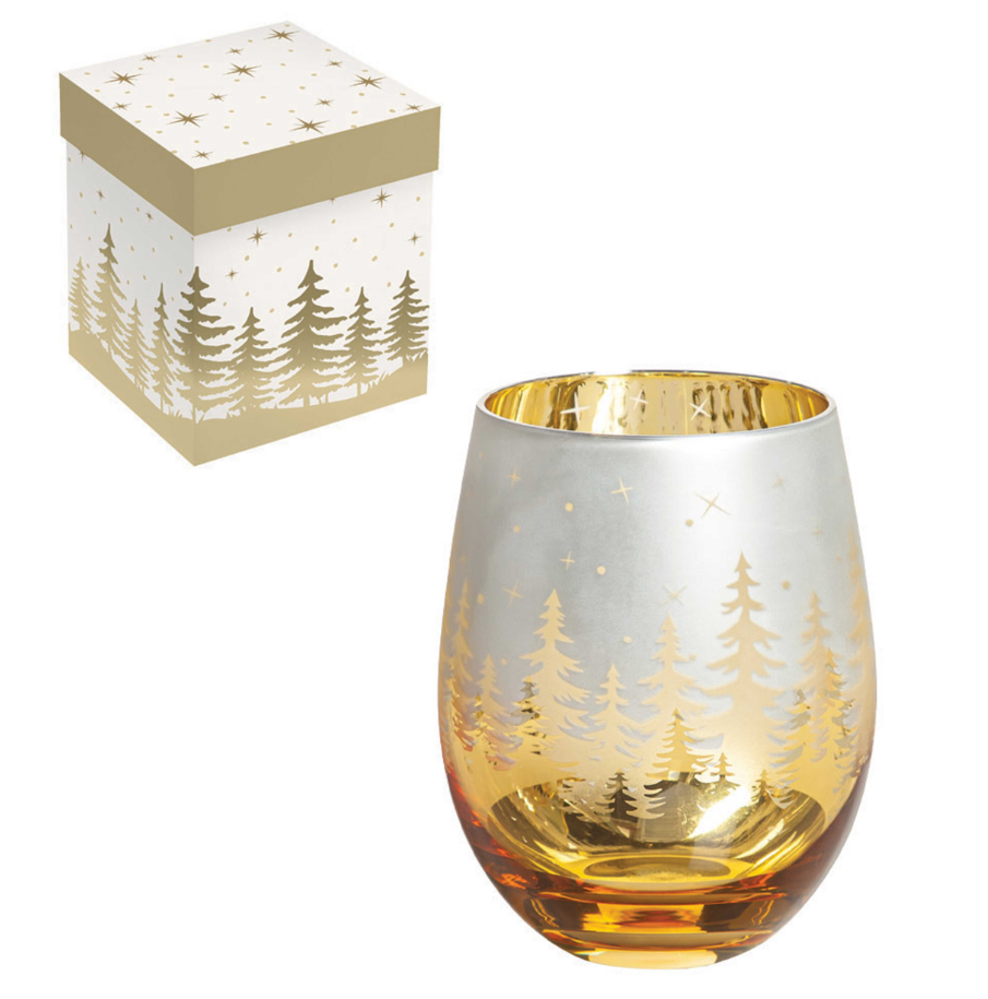 18oz Stemless Glass with Ion Plating and Etched Decoration, Gold, Trees