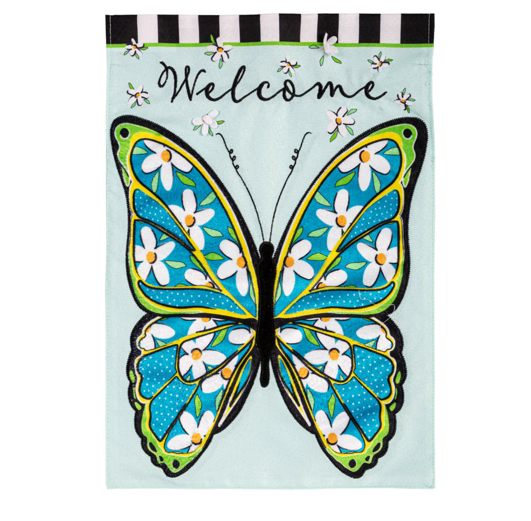 Floral Butterfly Welcome Applique Garden Flag