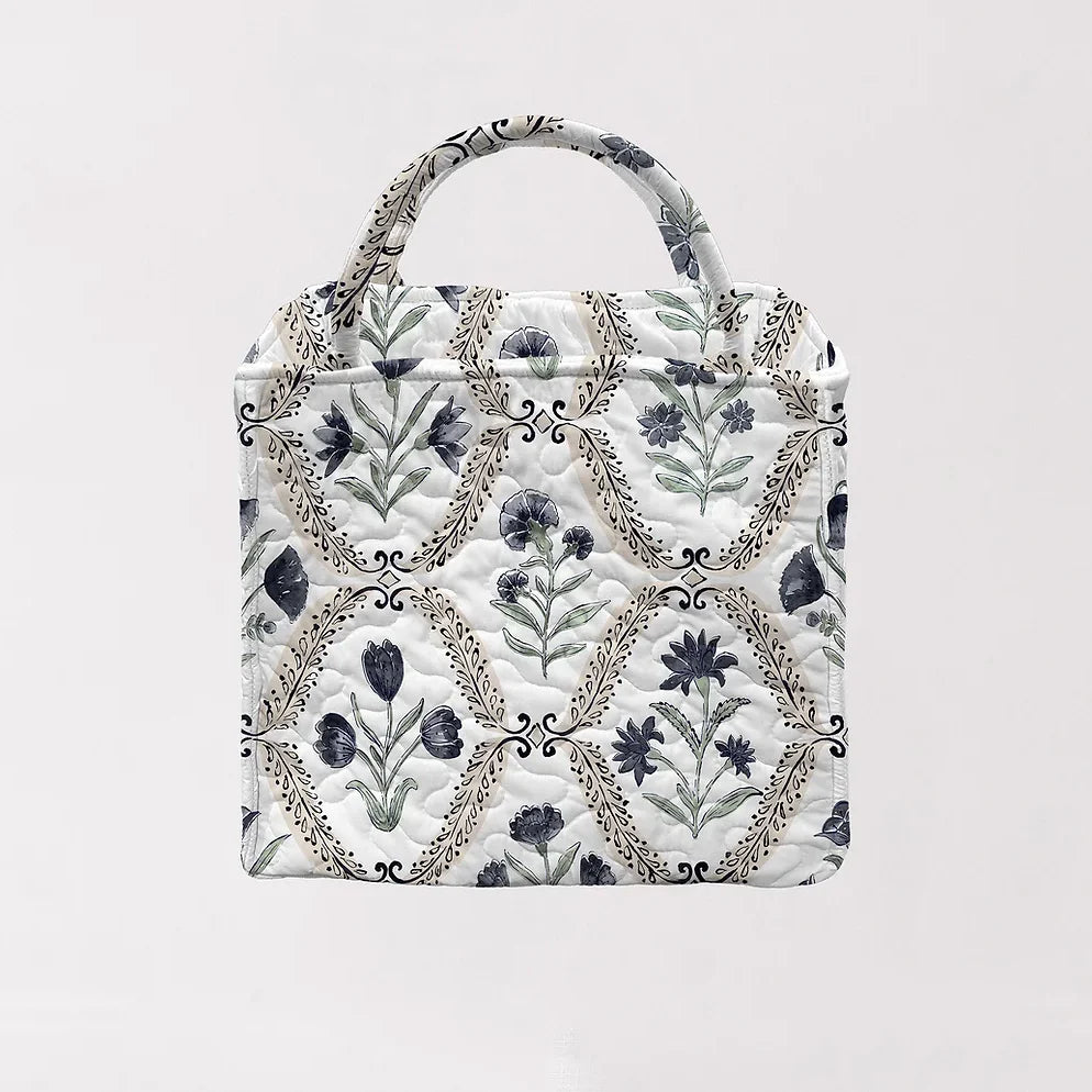 Small Quilted Tote: Charlotte in White & Navy