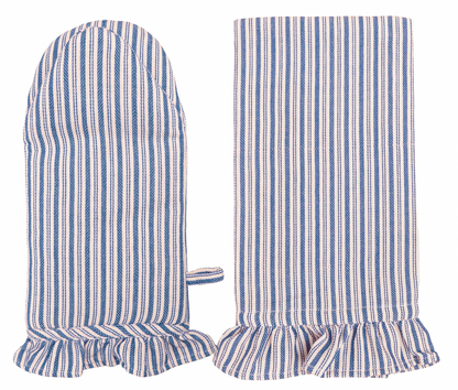 Blue Ticking Oven Mitt and Tea Towel Set