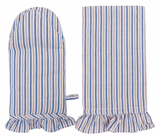 Blue Ticking Oven Mitt and Tea Towel Set