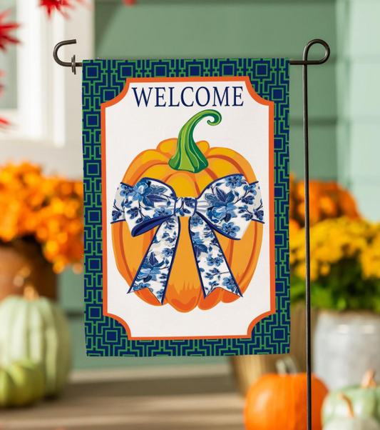 Pumpkin With Chinoiserie Bow Burlap Garden Flag