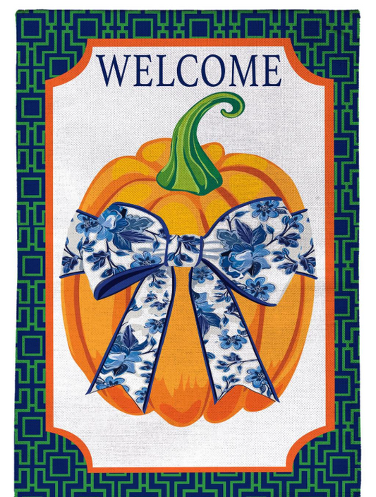 Pumpkin With Chinoiserie Bow Burlap Garden Flag