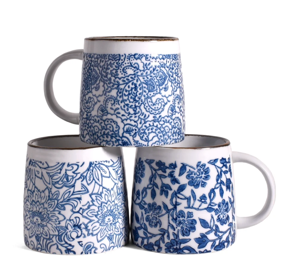 Hand-Stamped White & Blue Mugs