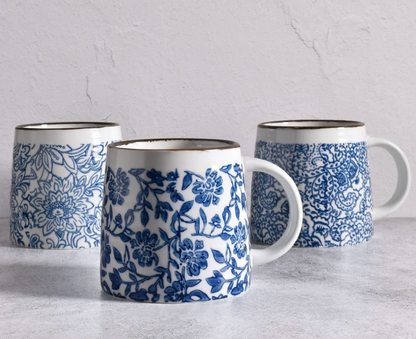 Hand-Stamped White & Blue Mugs