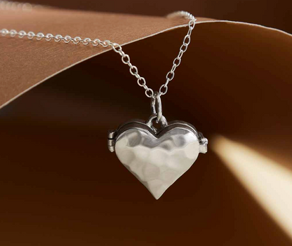 Sterling Silver Heart Locket Necklace with Hammer Finish
