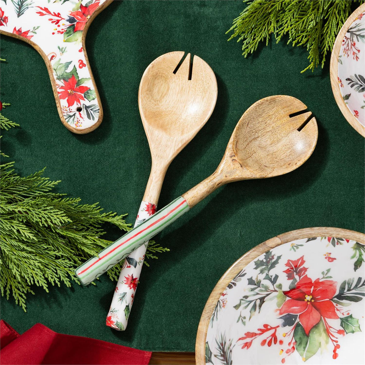 Poinsettia Wood Salad Server Set