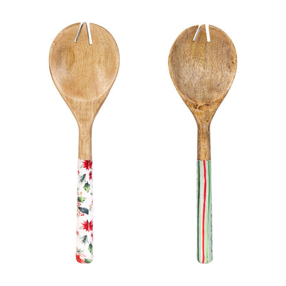 Poinsettia Wood Salad Server Set