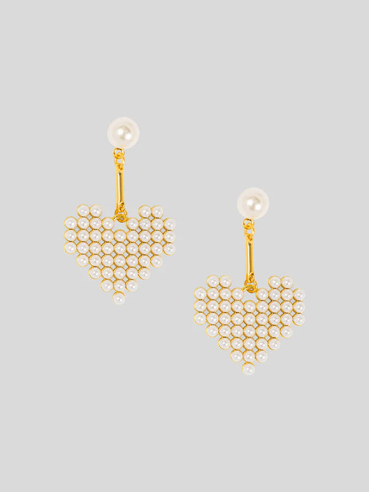 Beaded Heart Pearl Drop Earring - Gold