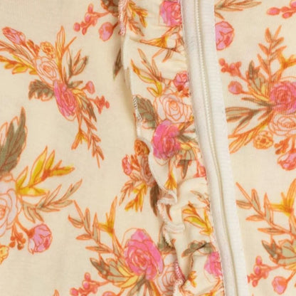MilkBarn Vintage Floral Organic Cotton Ruffle Zipper Footed Romper