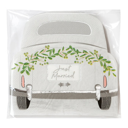 Botanical Bride 'Just Married' Car Shaped Paper Napkins - 16 Pack