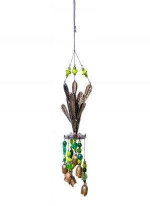 Moksha India Imports Copper Cactus, Blown Art Glass with Bells Wind Chime
